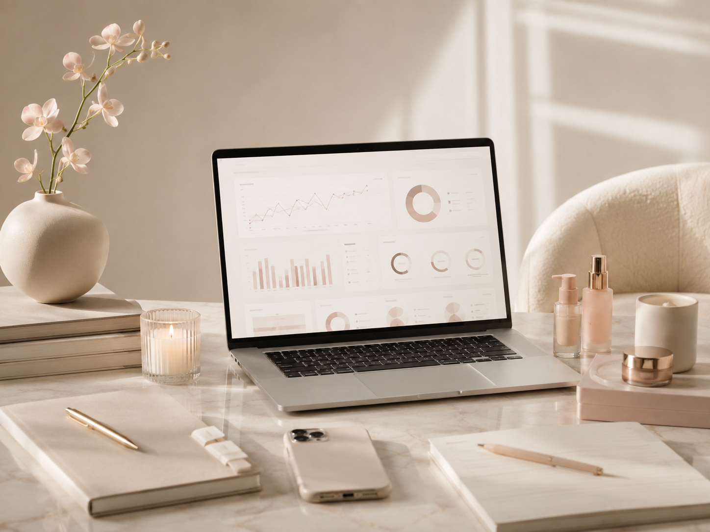 Planning and dashboard workspace representing the business management side of a beauty business