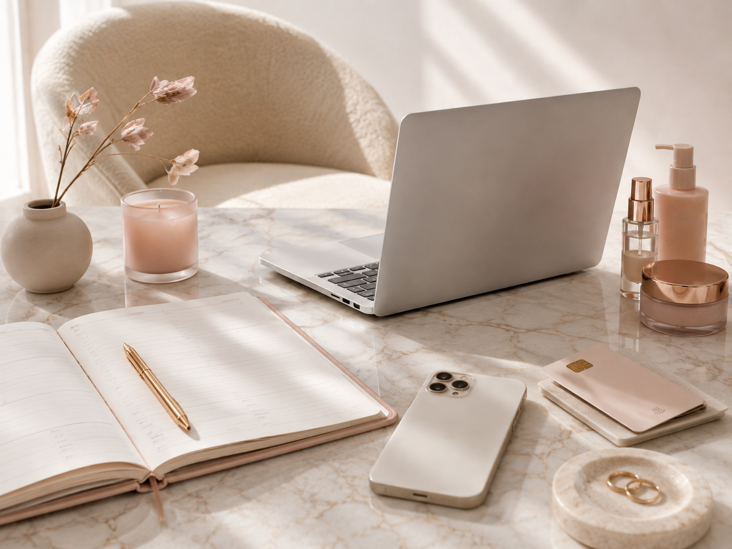 Soft neutral workspace with laptop, booking tools, and blush details
