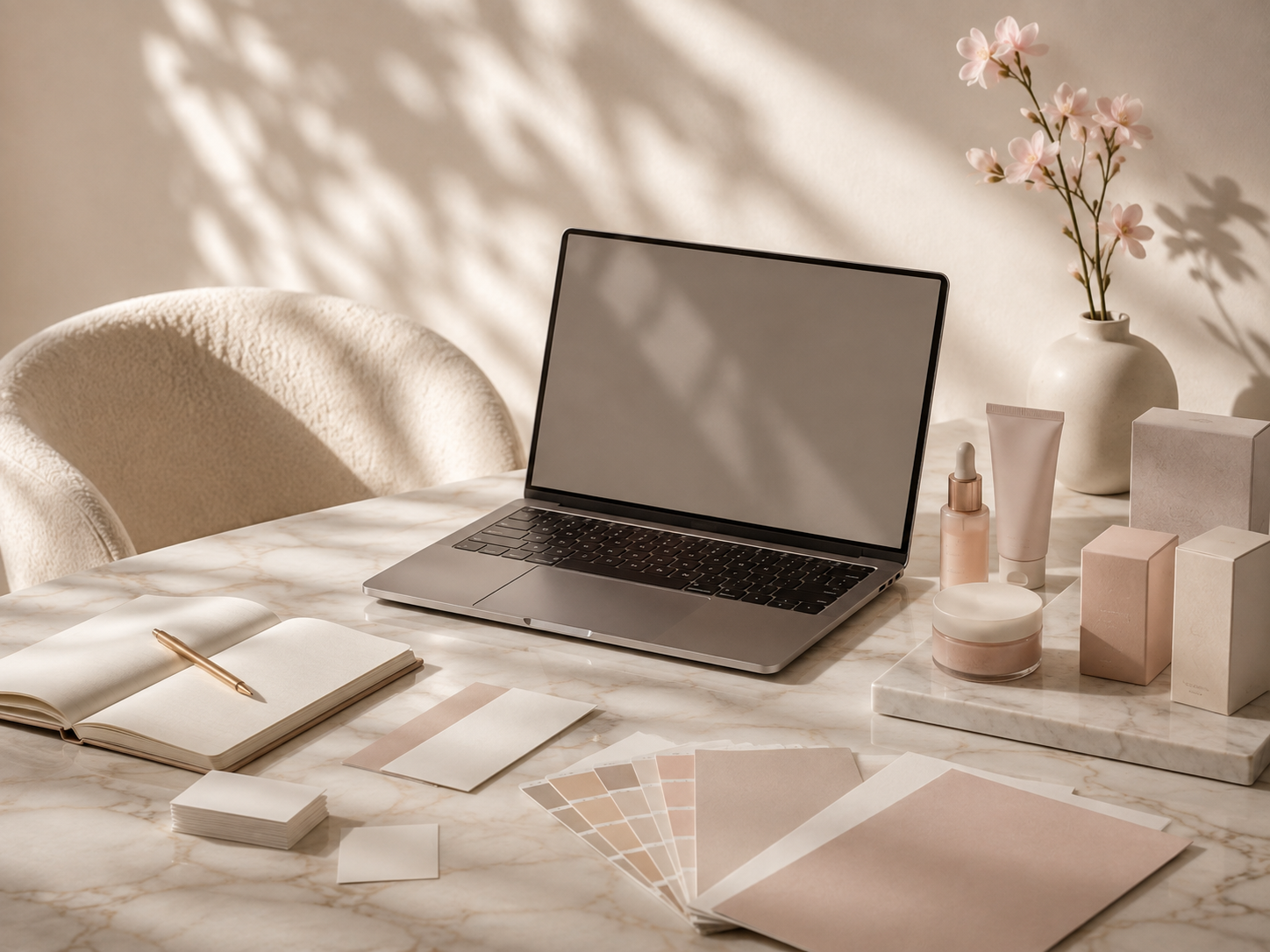 Polished website and brand workspace representing the client-facing side of a beauty business
