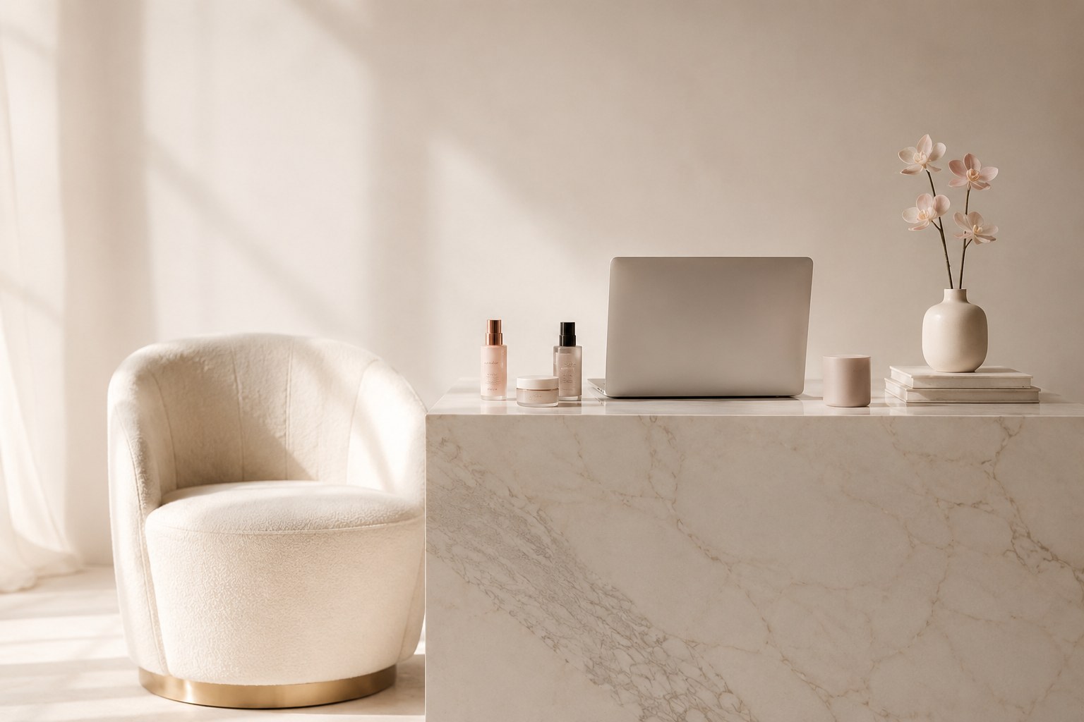 Minimal marble beauty workspace with cream chair and laptop